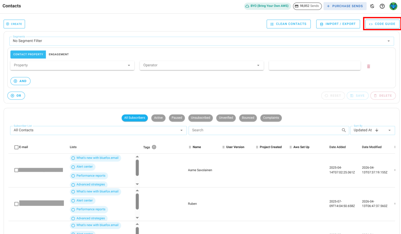 Screenshot of the highlighted code guide button in contacts.