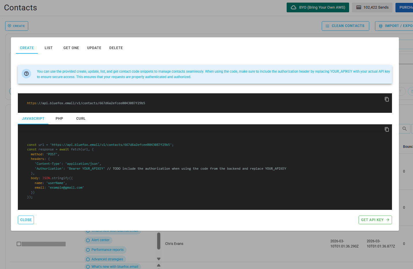 Screenshot of the code guide dialog for creating a contact.