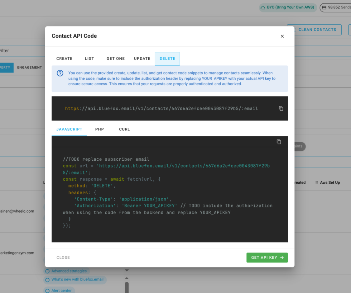 Screenshot of the code guide dialog for deleting a contact.