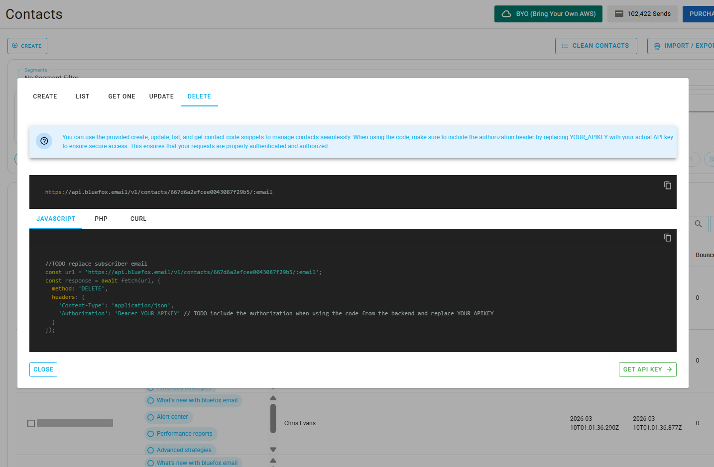 Screenshot of the code guide dialog for deleting a contact.