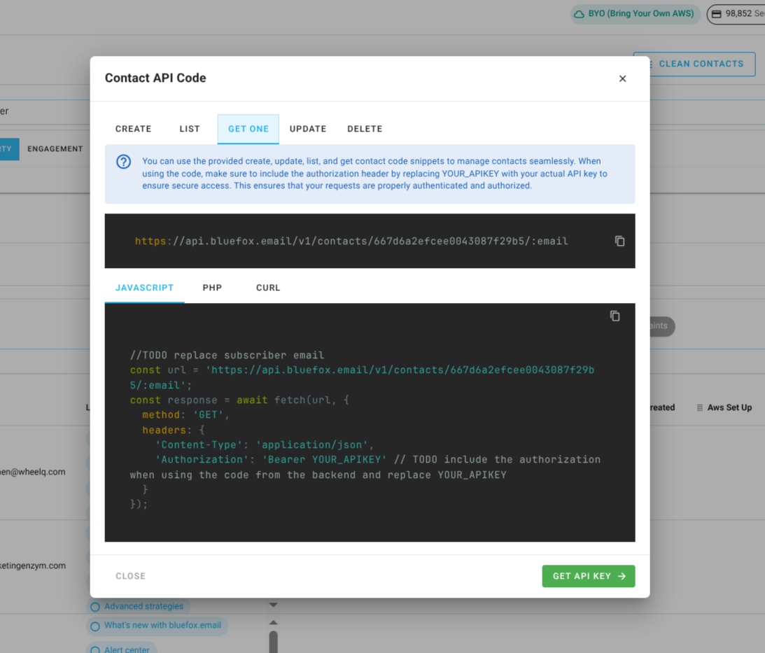 Screenshot of the code guide dialog for getting one contact.