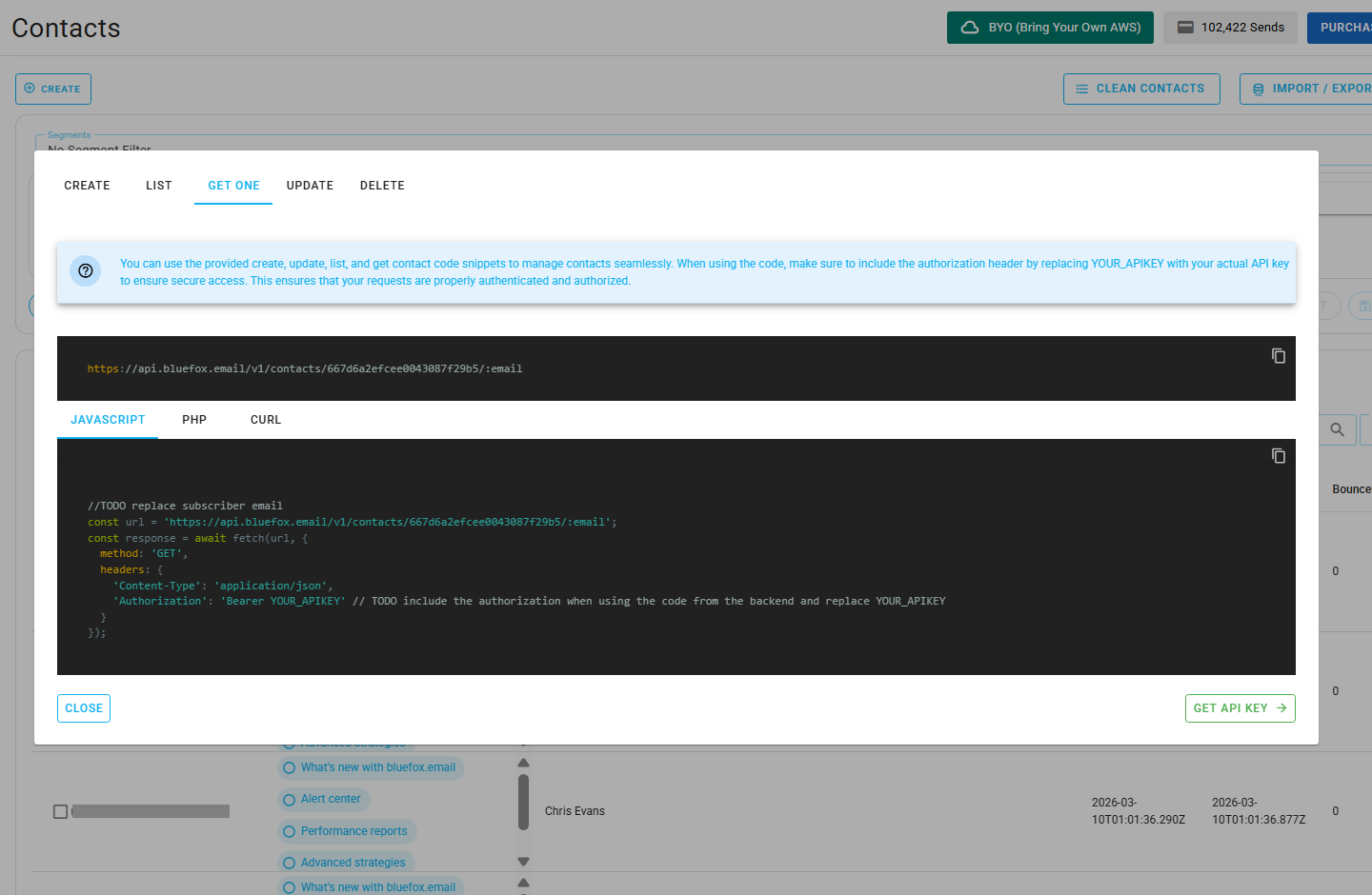 Screenshot of the code guide dialog for getting one contact.