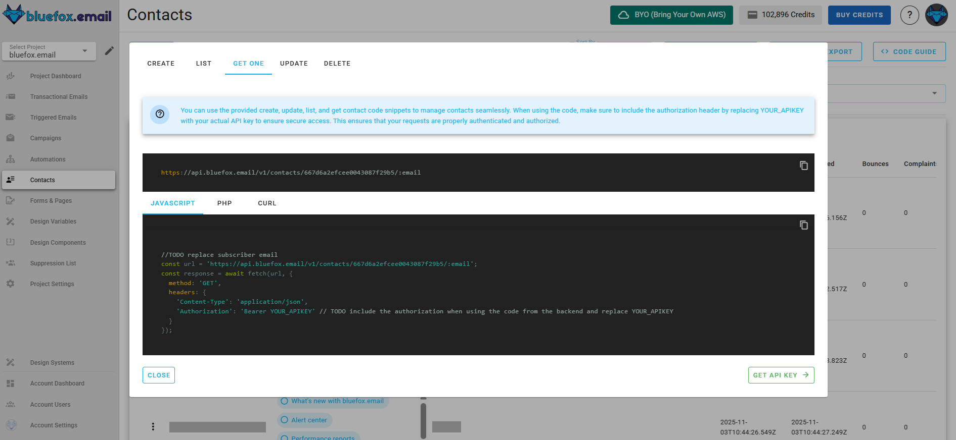 Screenshot of the code guide dialog for getting one contact.