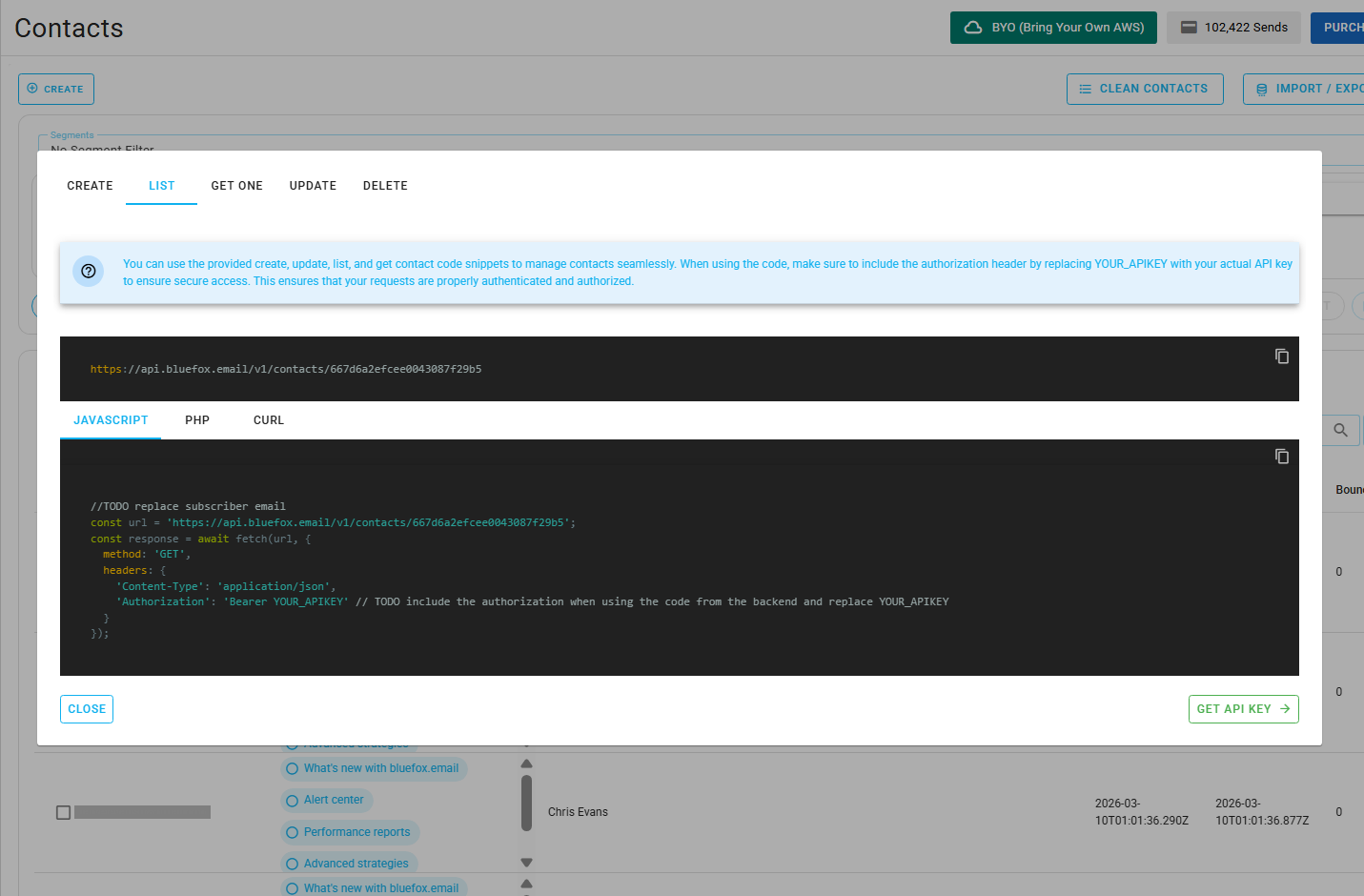 Screenshot of the code guide dialog for listing contacts.