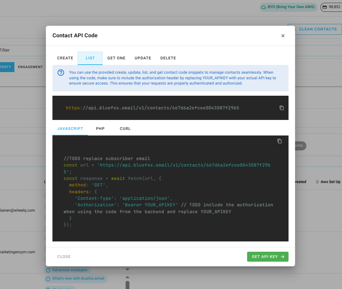 Screenshot of the code guide dialog for listing contacts.