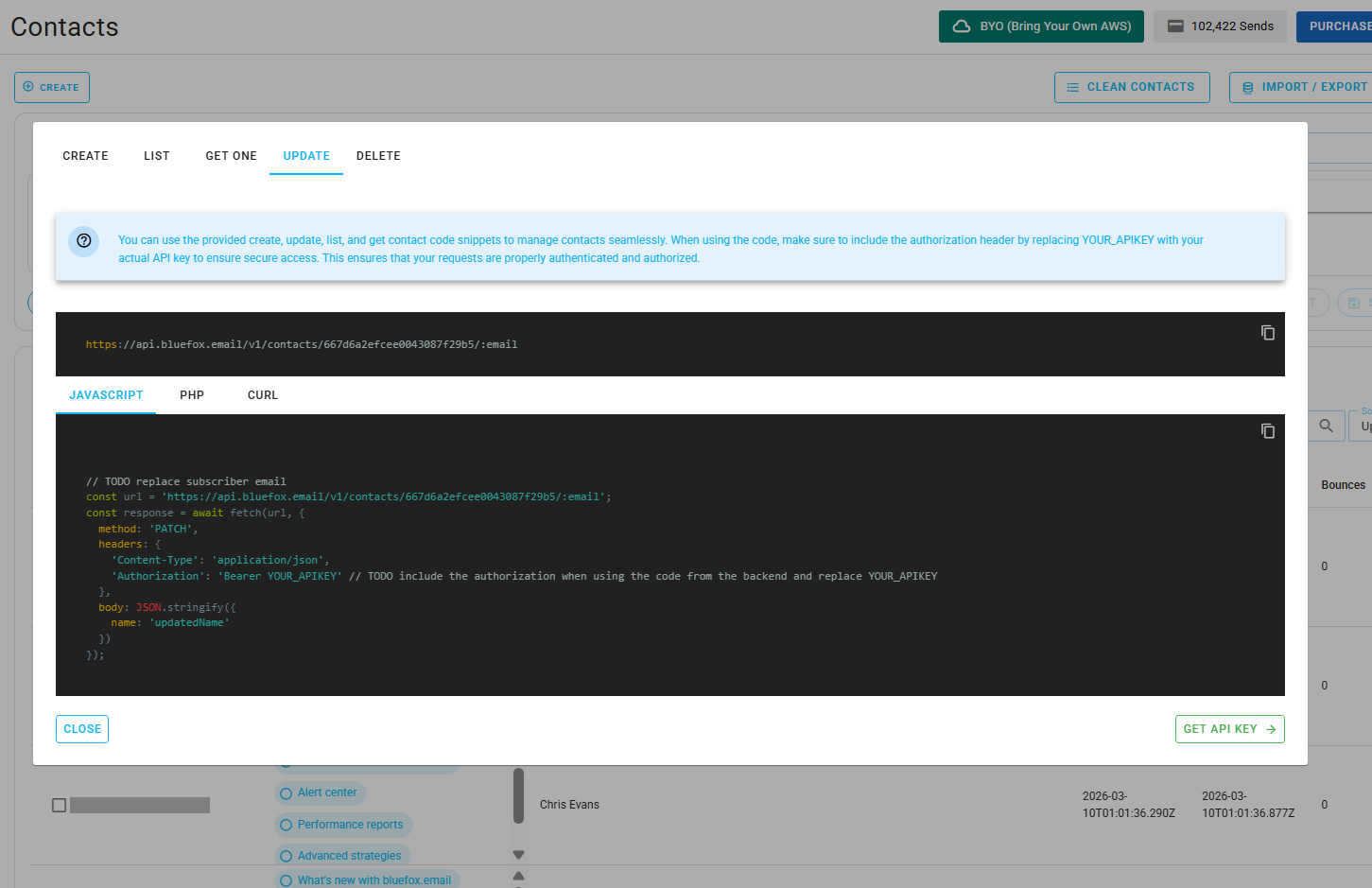 Screenshot of the code guide dialog for updating a contact.