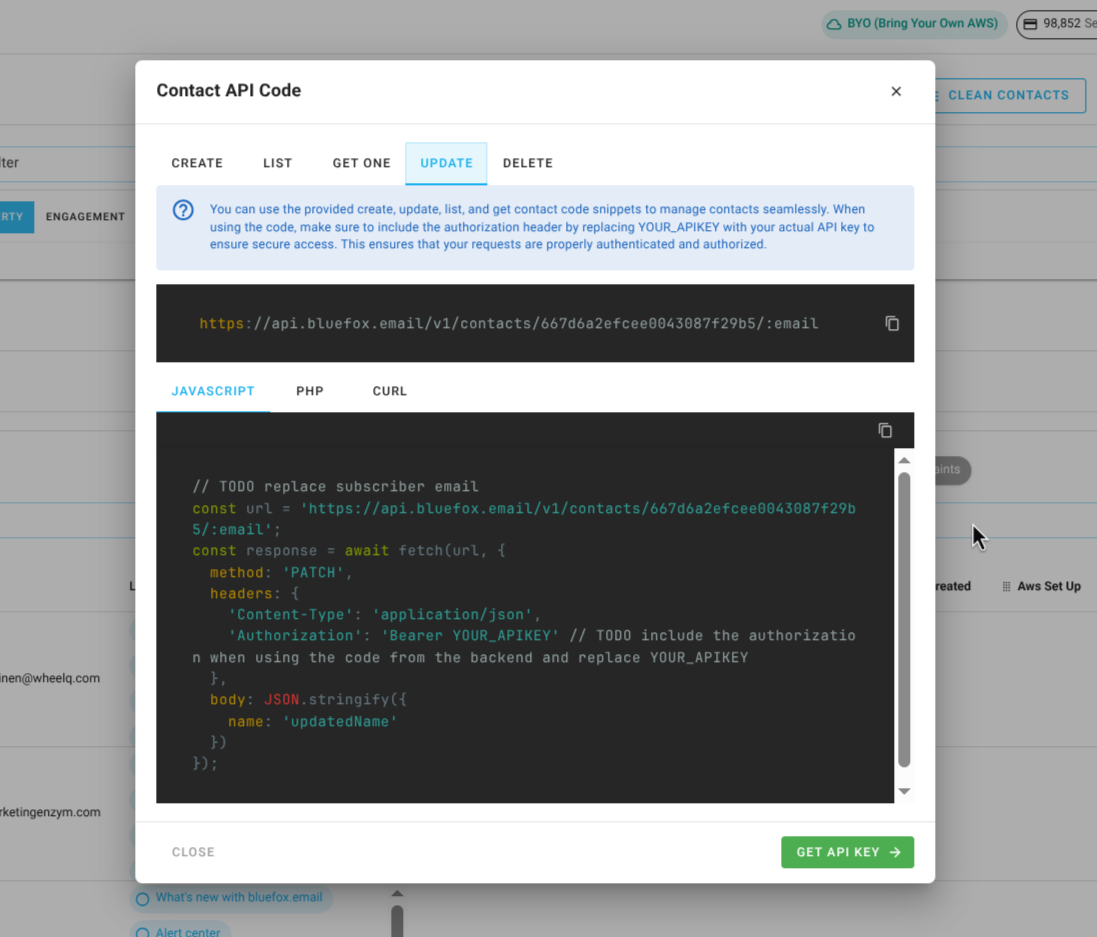 Screenshot of the code guide dialog for updating a contact.