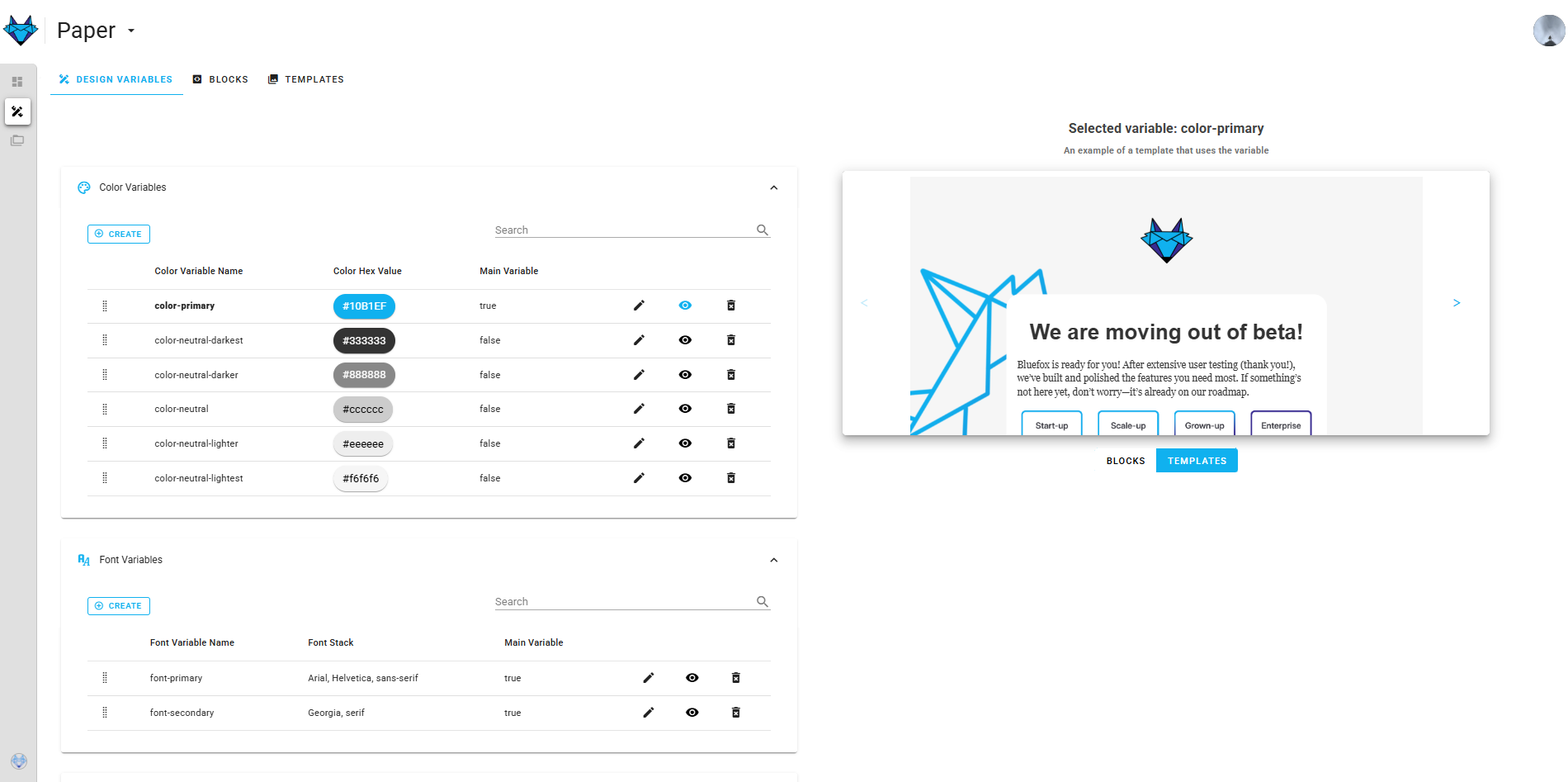 A screenshot of the design system variables section.