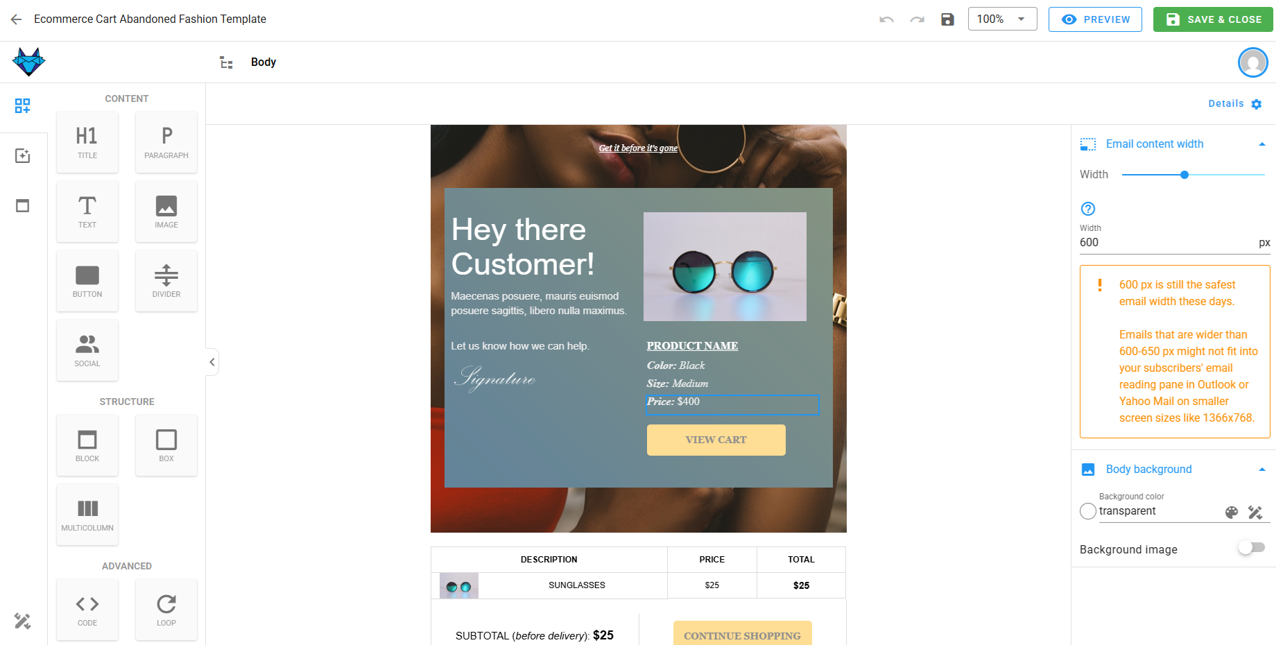 The BlueFox Email visual editor with a finished marketing email open, showing the block structure alongside the rendered result