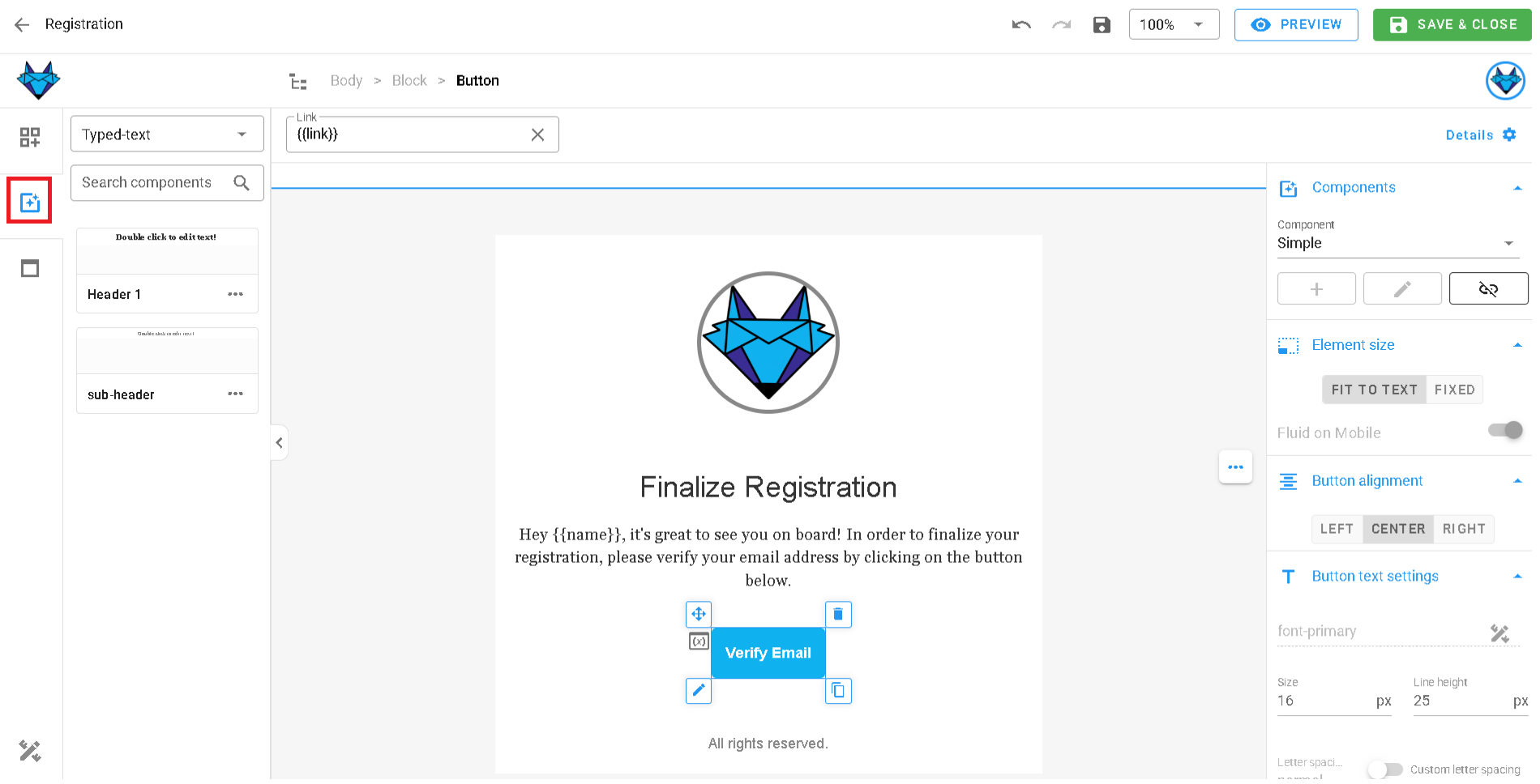 A screenshot of the email theme components list.