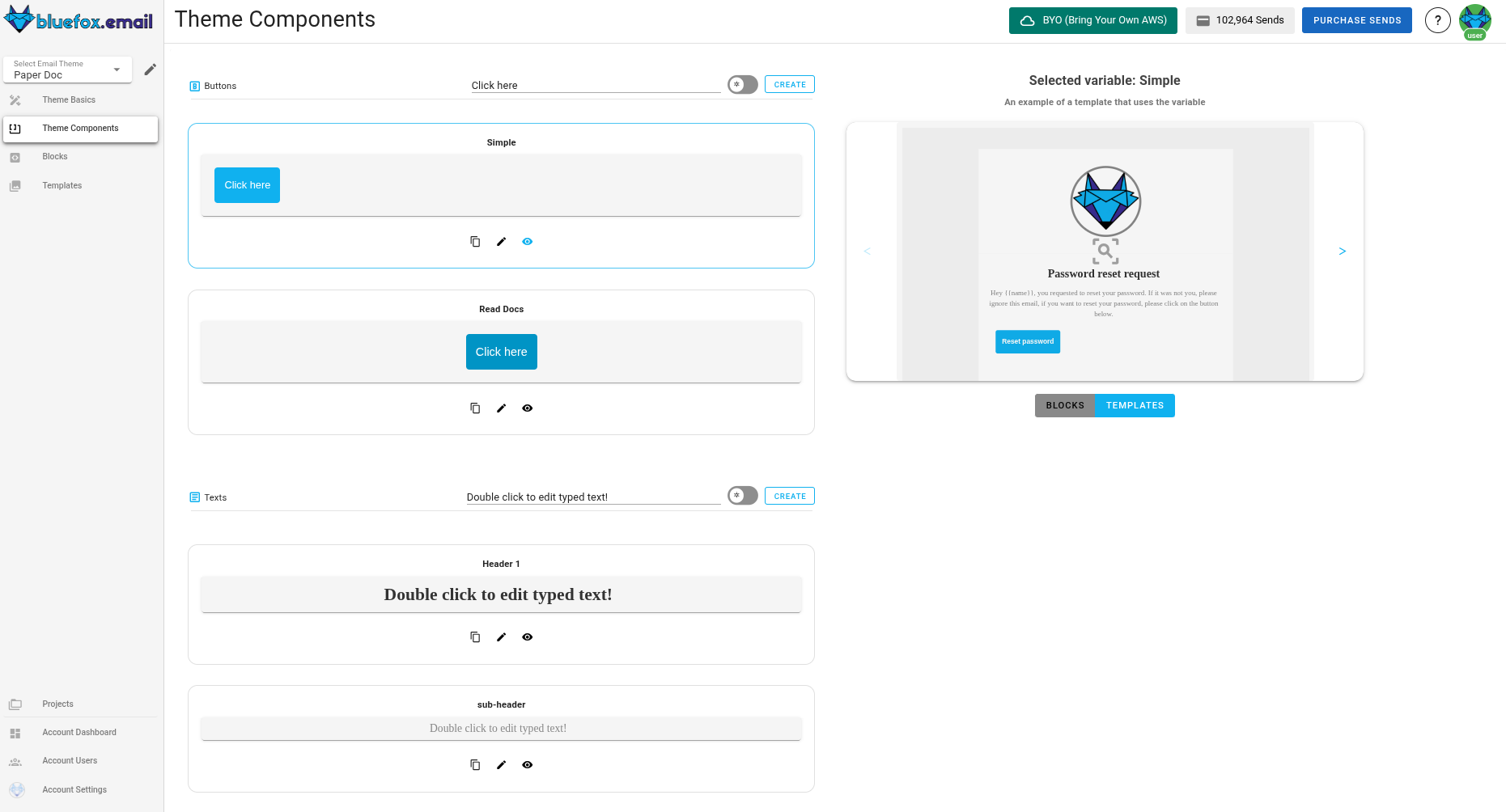 A screenshot of the email theme components section.