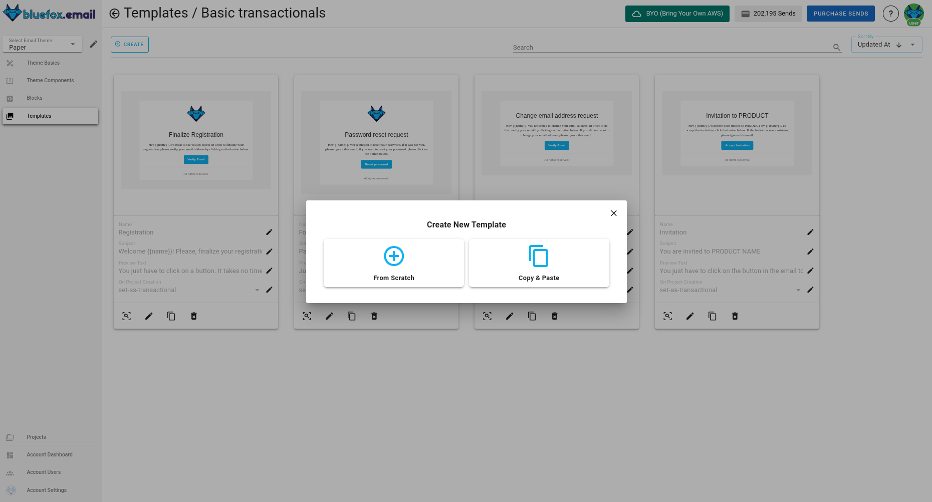 A screenshot of the email theme settings create dialog card.