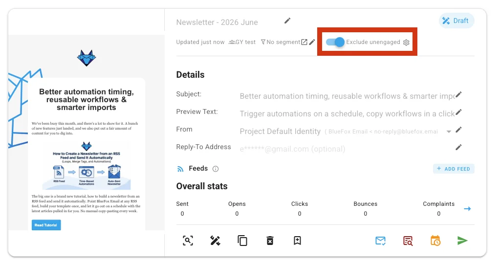 The "Exclude unengaged" toggle, enabled on a newsletter campaign