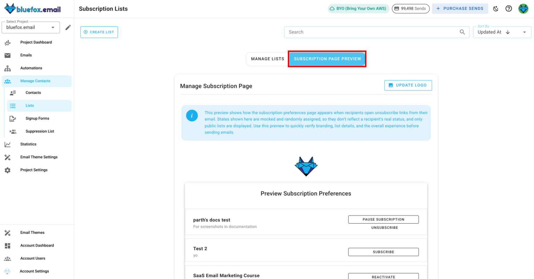 Subscriber lists - subscription preferences button.