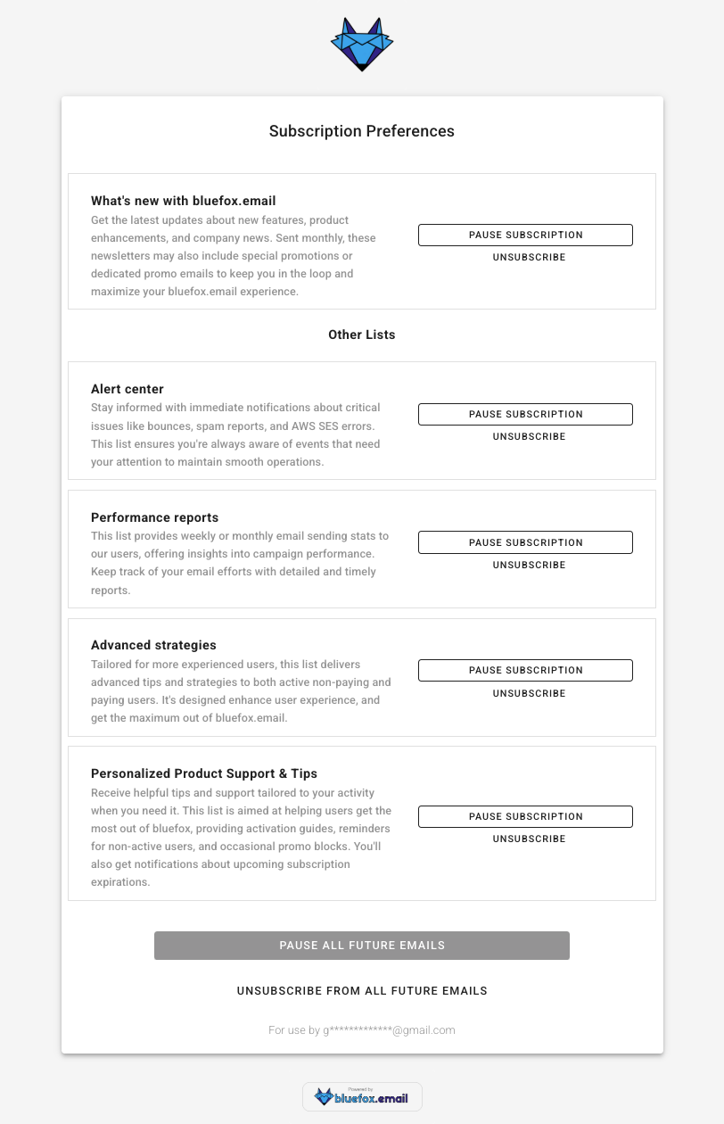 Example subscription preferences page with multiple lists and pause/unsubscribe options.