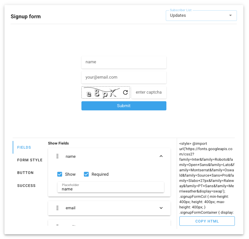 Example signup form builder showing required and optional fields, form customization options, and HTML export.