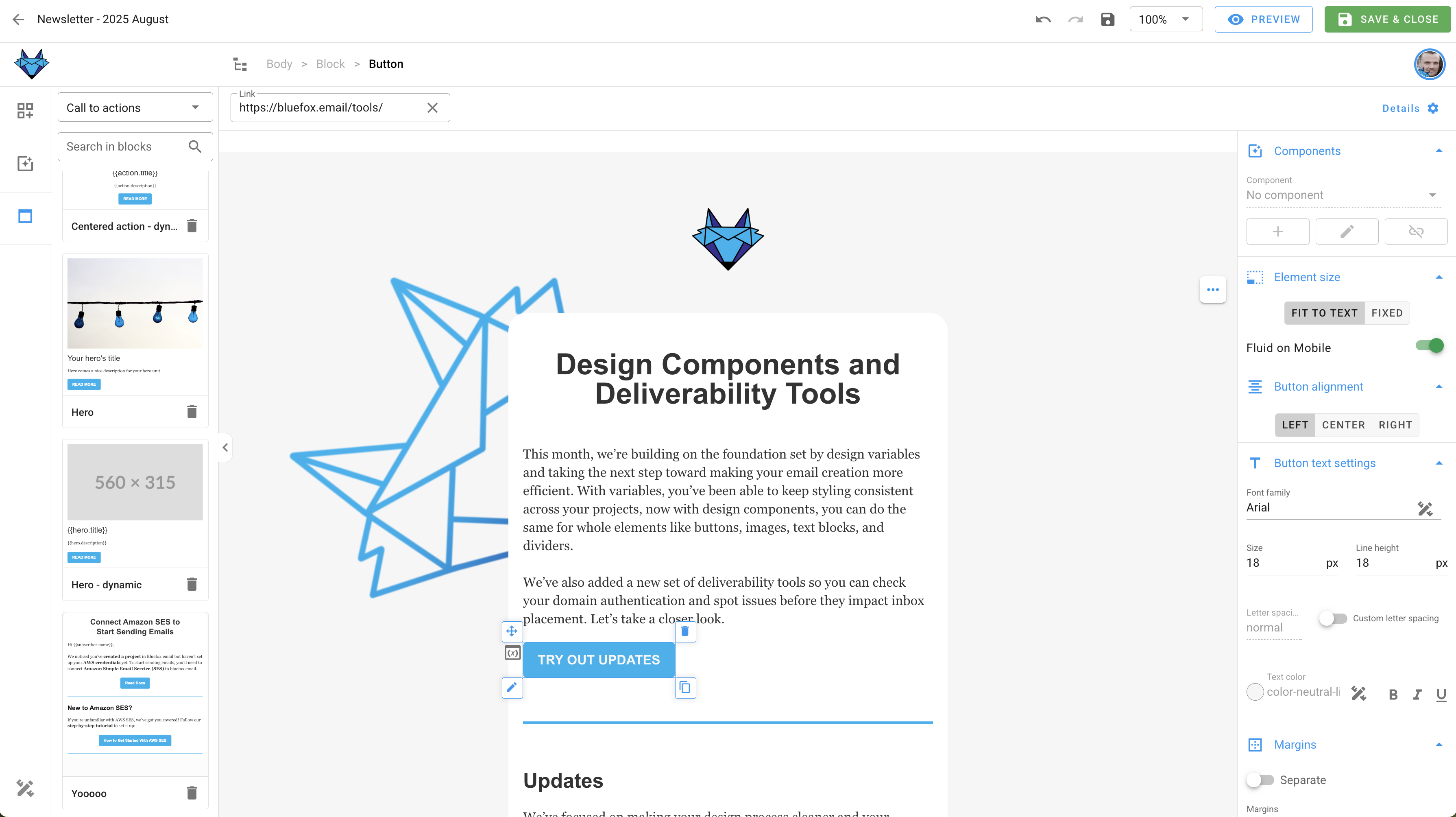 Email editor loaded with your customized design system in BlueFox Email