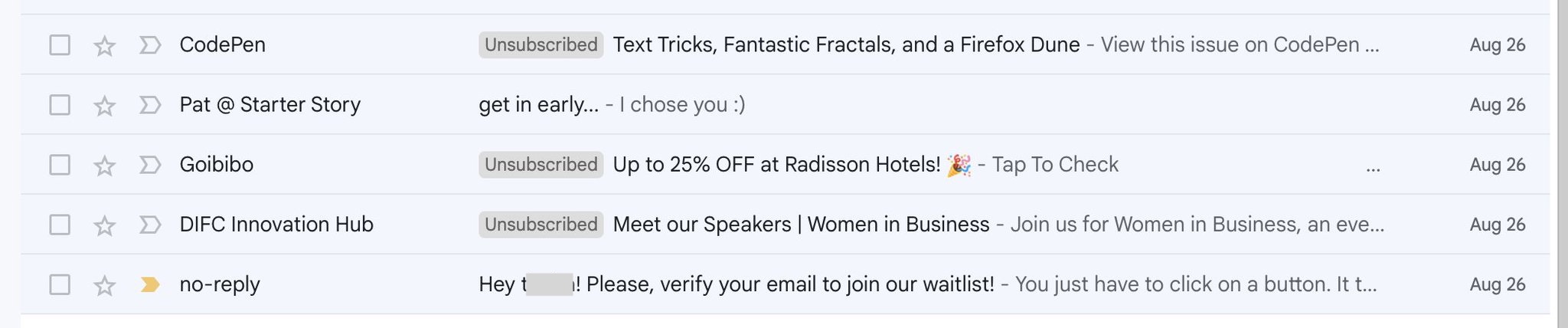 Inbox example showing how no-reply addresses without a sender name get lost compared to recognizable senders.