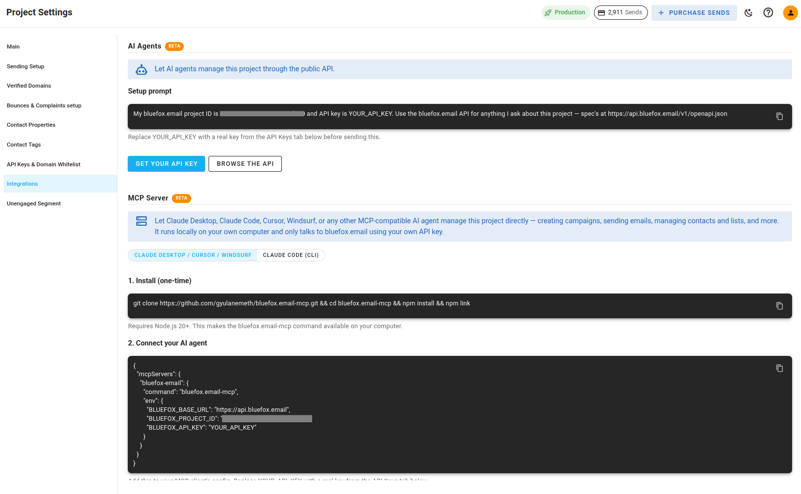 A screenshot of the project settings side menu with the integrations section highlighted.