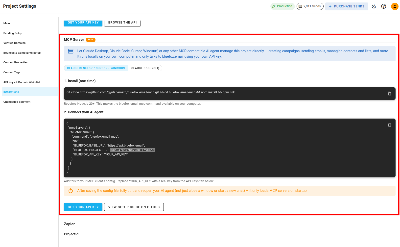 A screenshot of the project settings integrations section MCP server setup.
