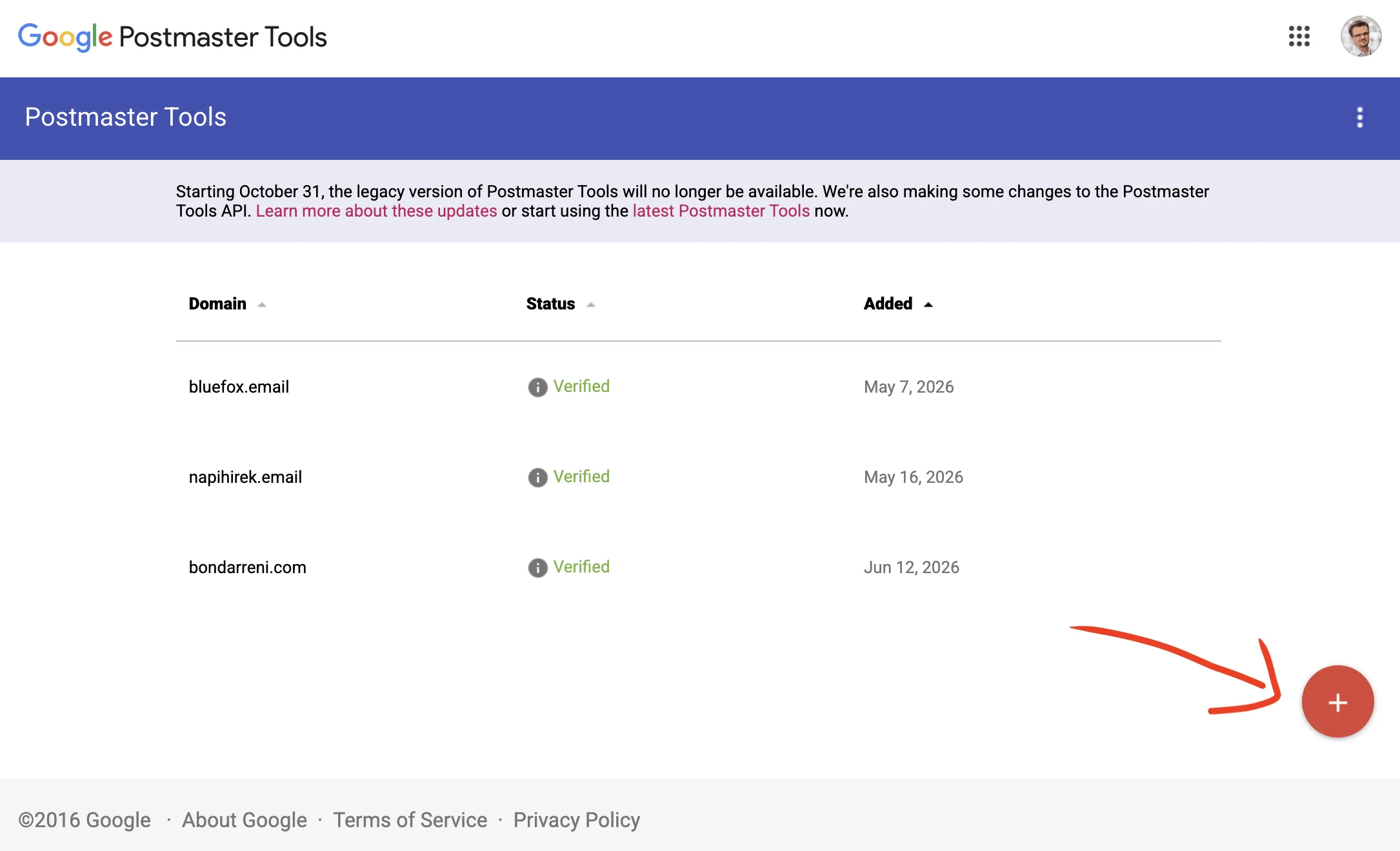 Google Postmaster Tools home page, with the Add button highlighted