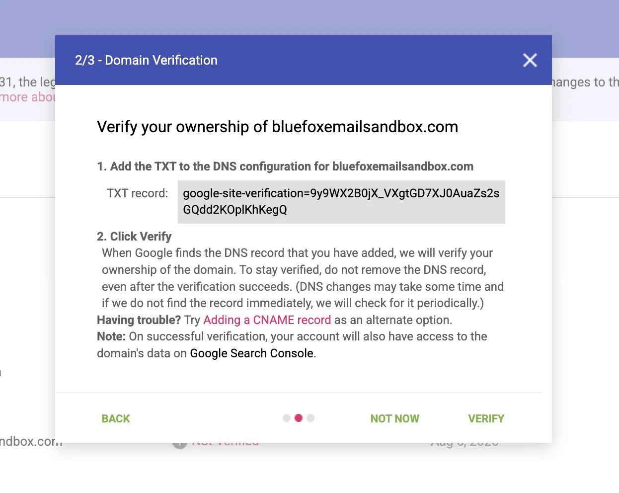 The Google Postmaster Tools domain-verification screen, showing the TXT record to add to your DNS