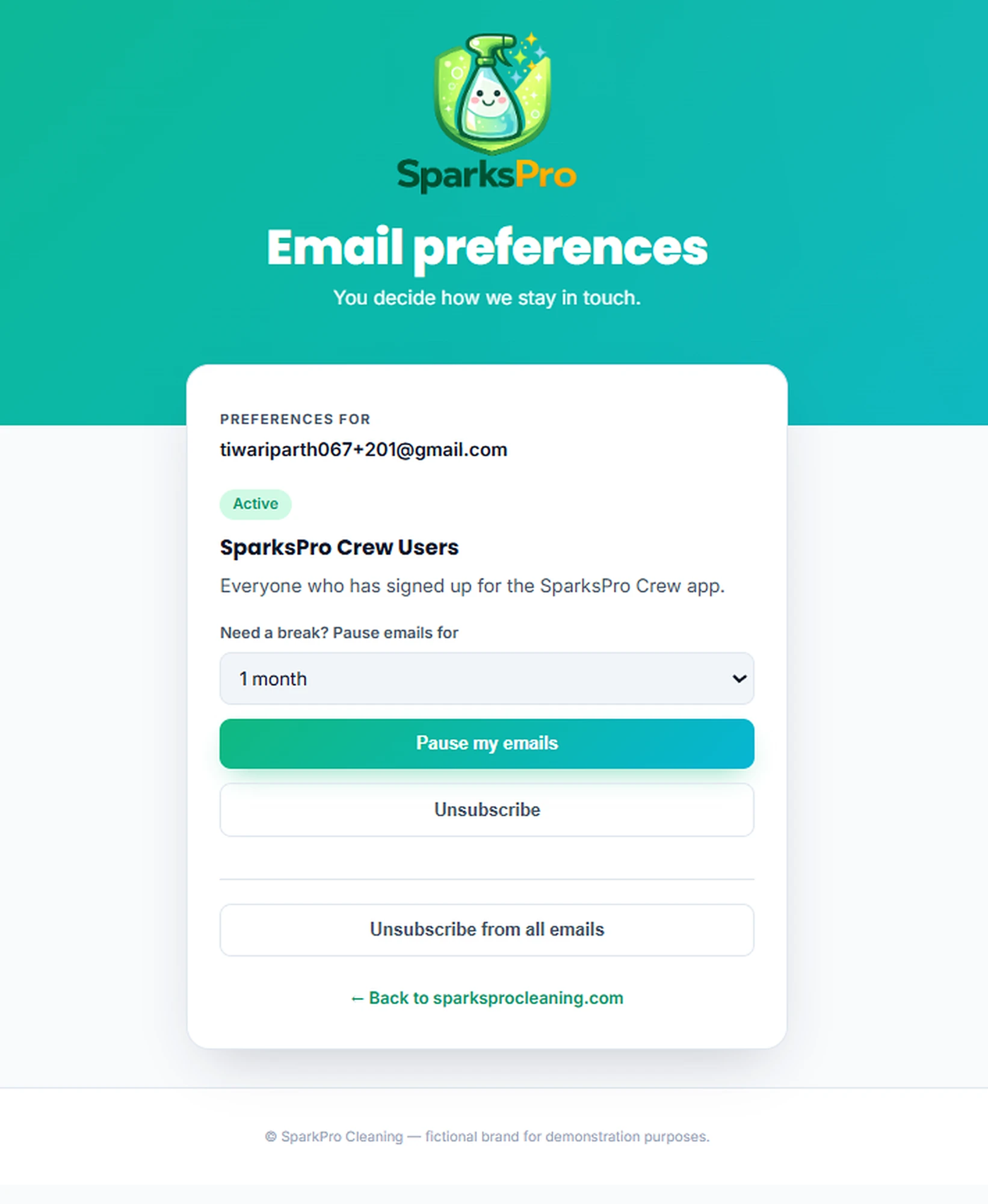 The custom SparksPro email preferences page, showing Maya's active subscription to SparksPro Crew Users with options to pause or unsubscribe.
