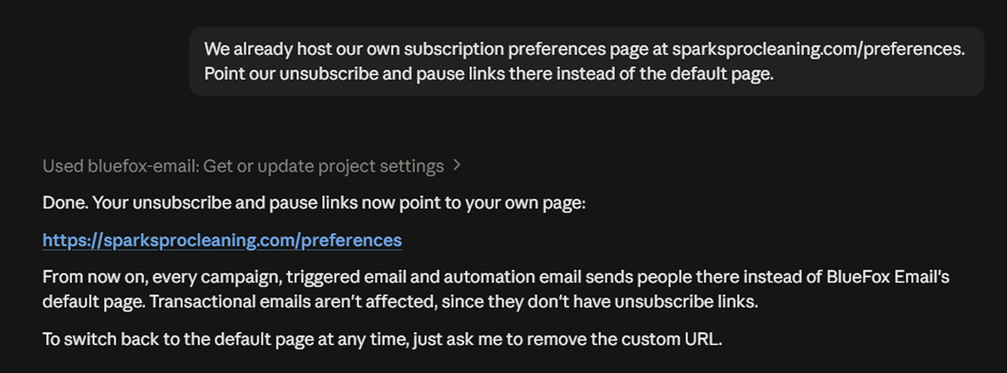 The AI agent confirming that unsubscribe and pause links now point to the custom preferences page.
