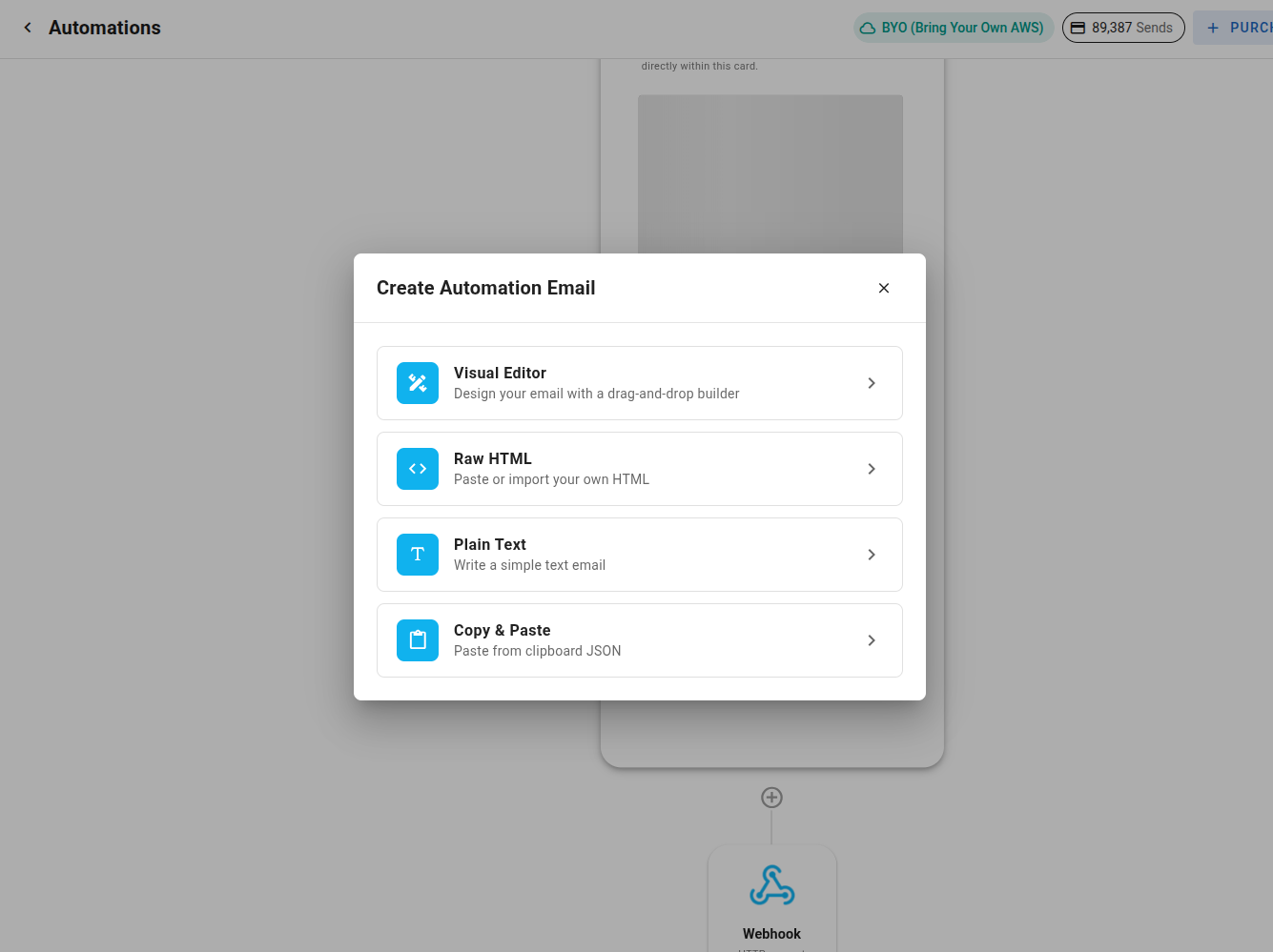 A screenshot of the email editor selection step when creating an email in a Notify node.