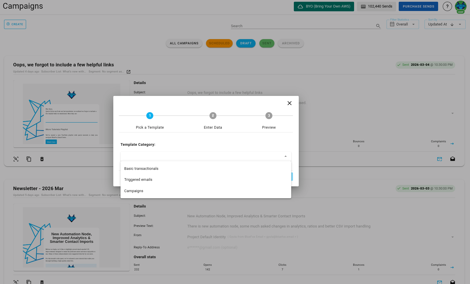 A screenshot of a project's campaigns - create: template selection.