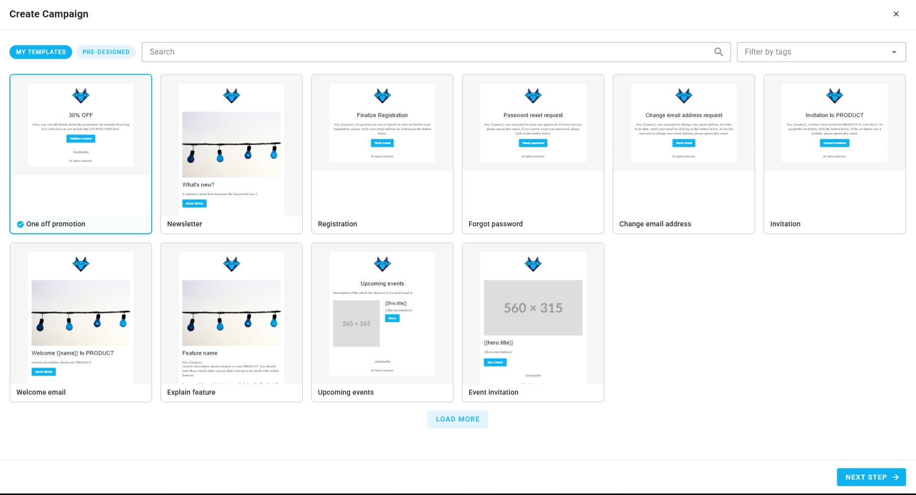 A screenshot of a project's campaigns - create: template selection.