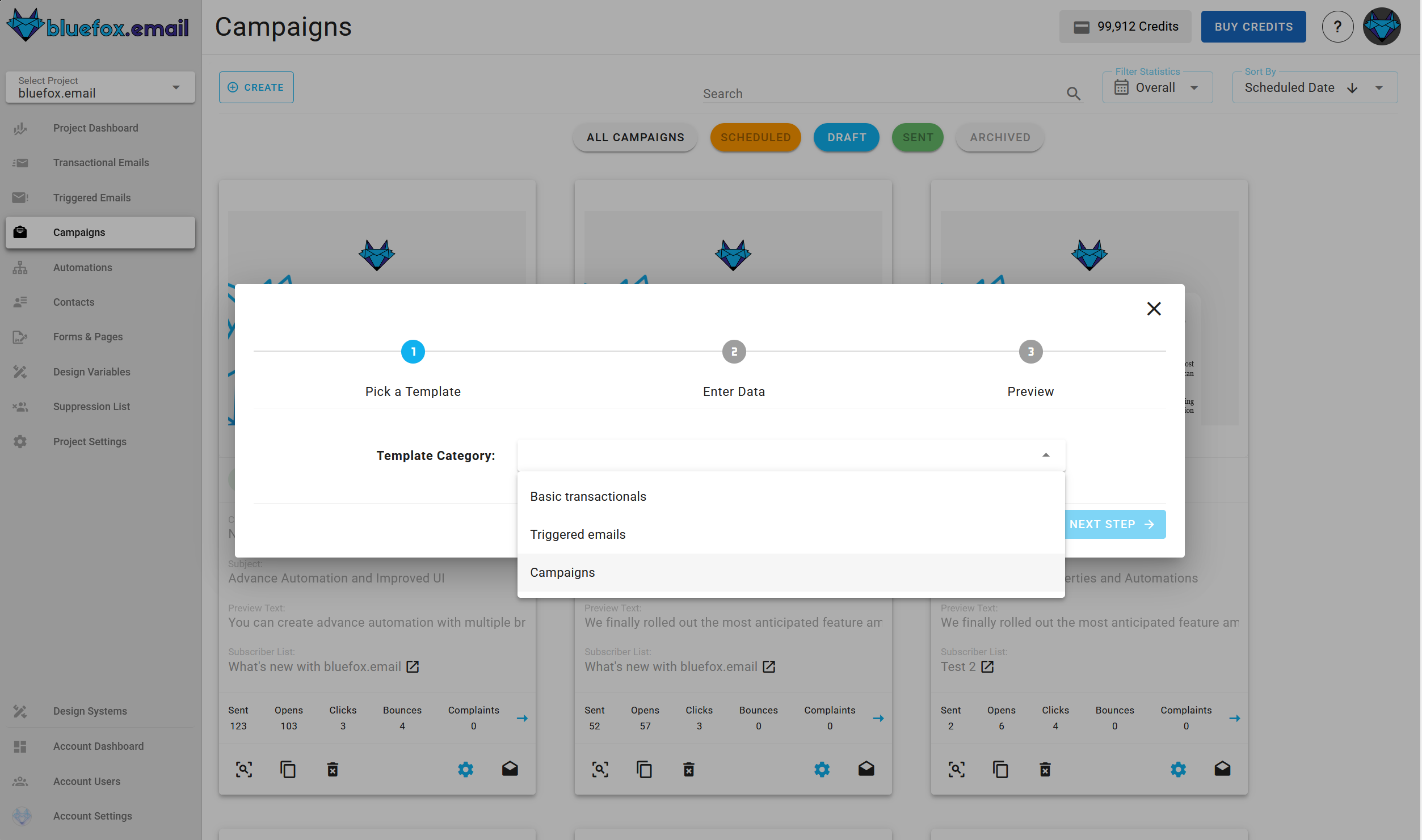 A screenshot of a project's campaigns - create: template selection.