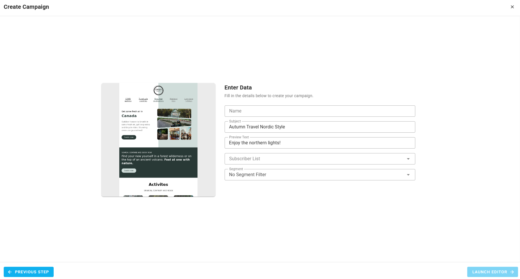A screenshot of a project's campaigns - create: enter data.