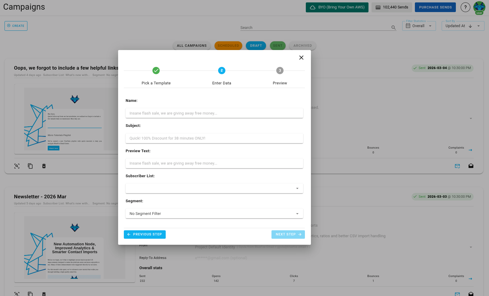 A screenshot of a project's campaigns - create: select subscriber list.