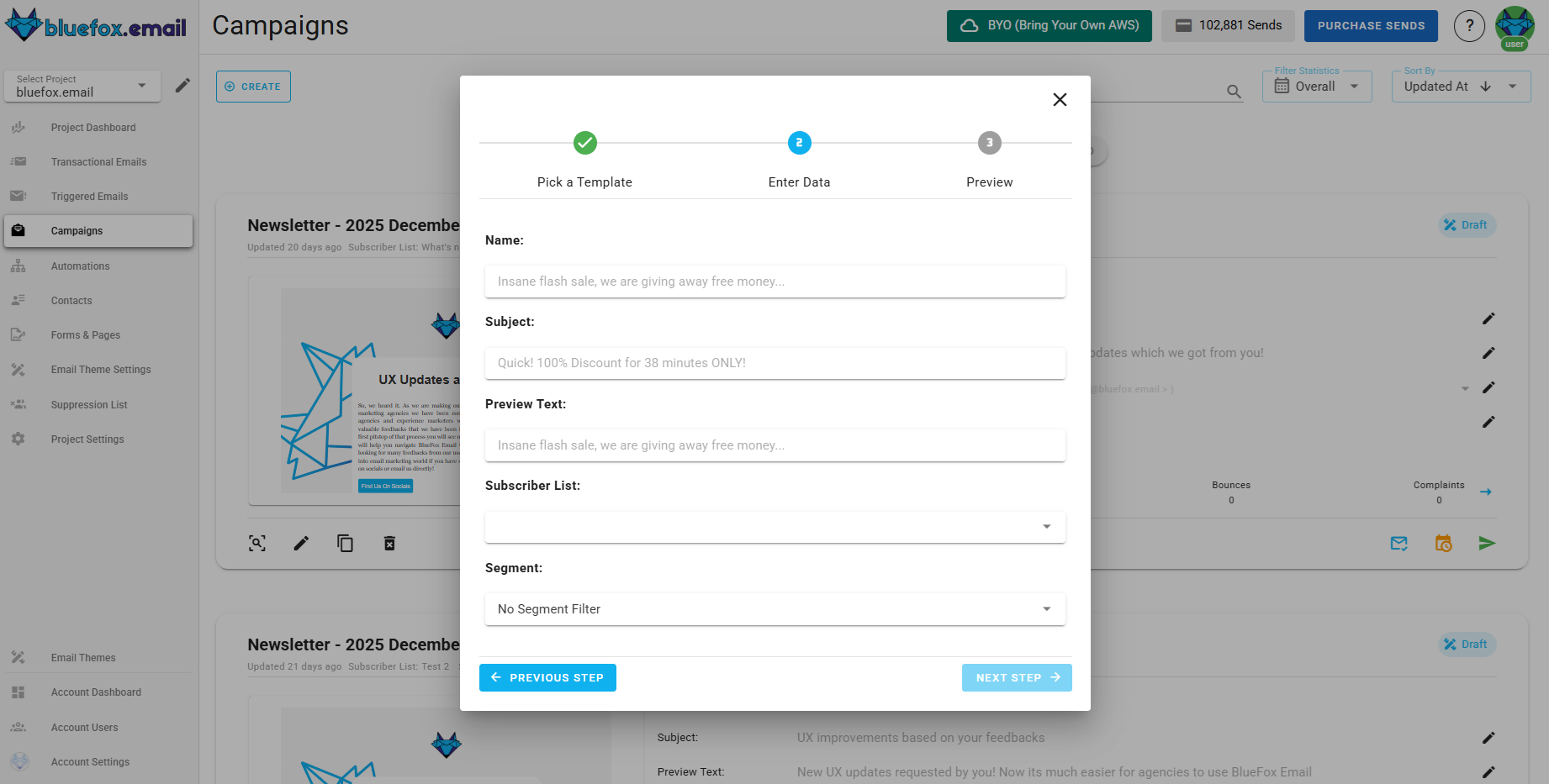 A screenshot of a project's campaigns - create: select subscriber list.