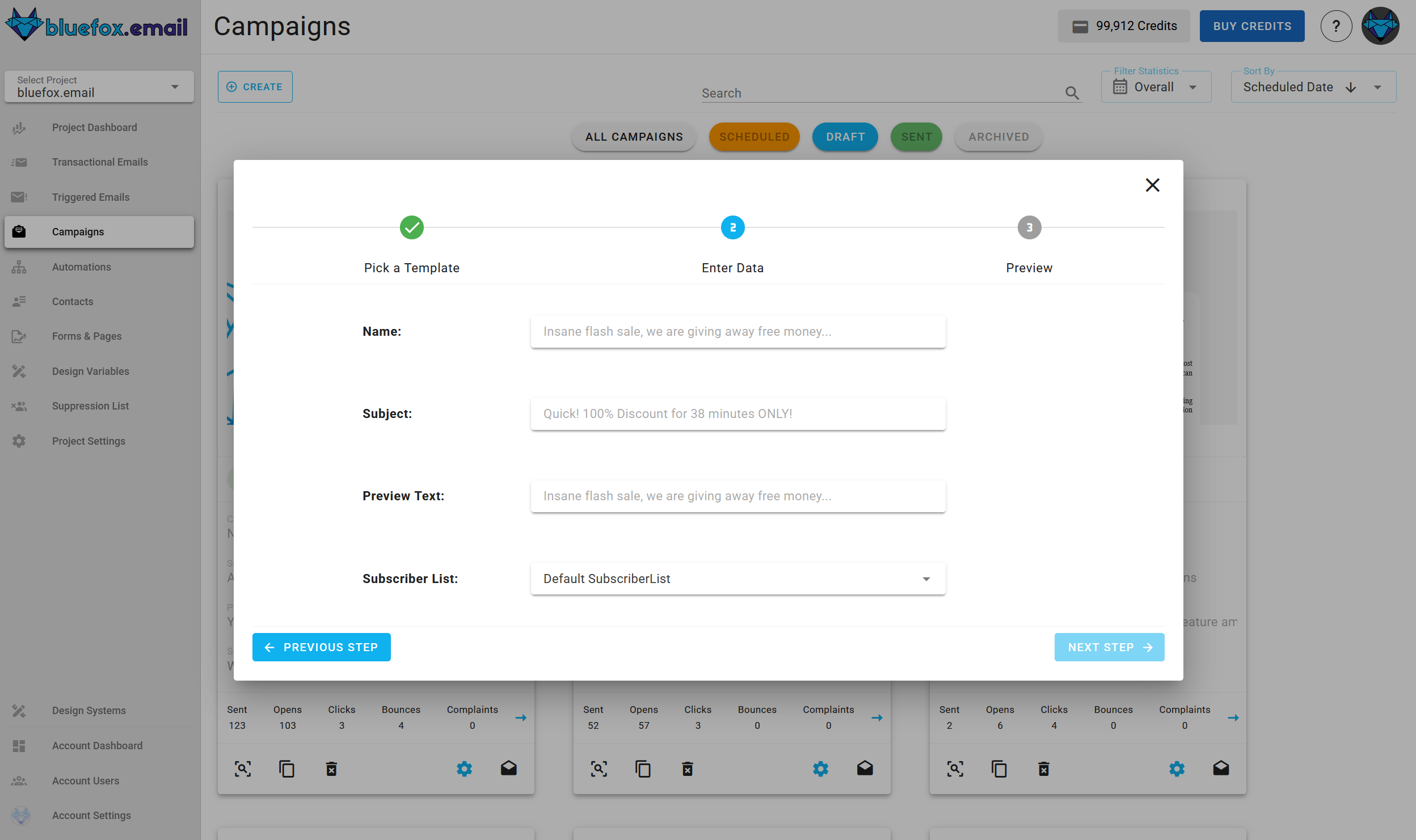 A screenshot of a project's campaigns - create: select subscriber list.