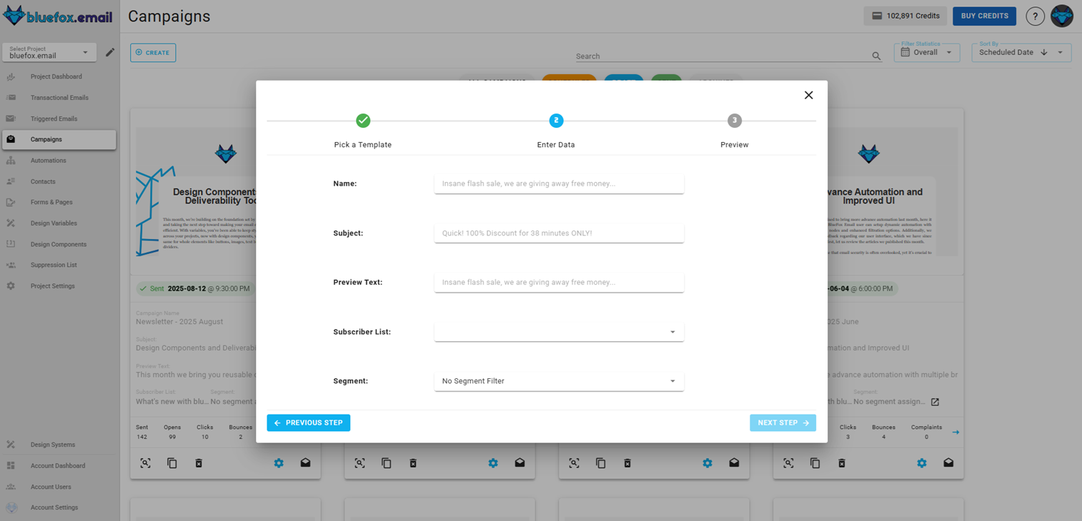 A screenshot of a project's campaigns - create: select subscriber list.