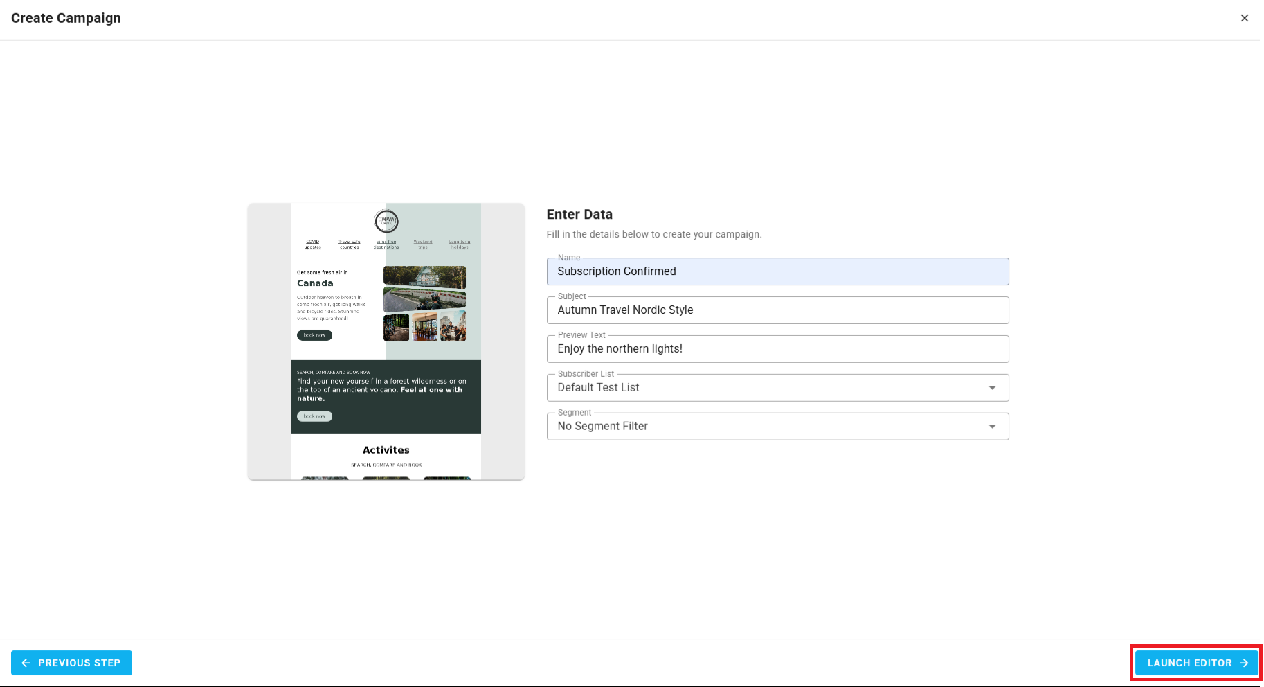 A screenshot of a project's triggered emails - create: summary.