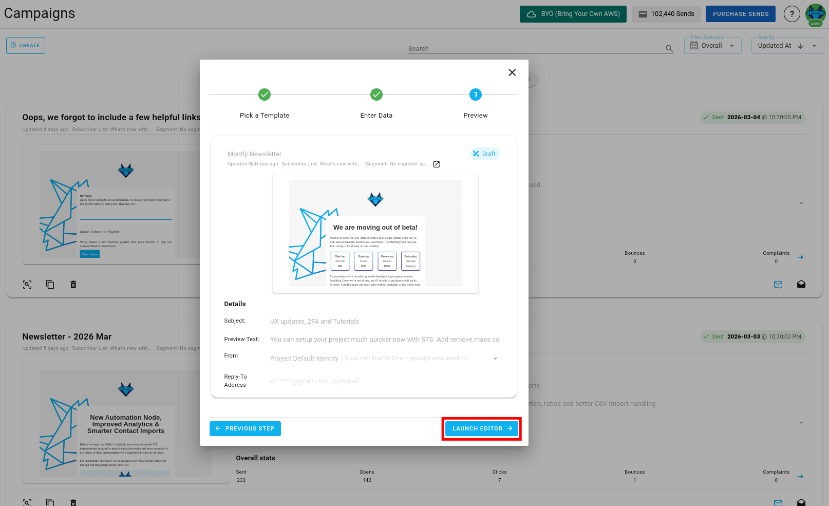 A screenshot of a project's triggered emails - create: summary.