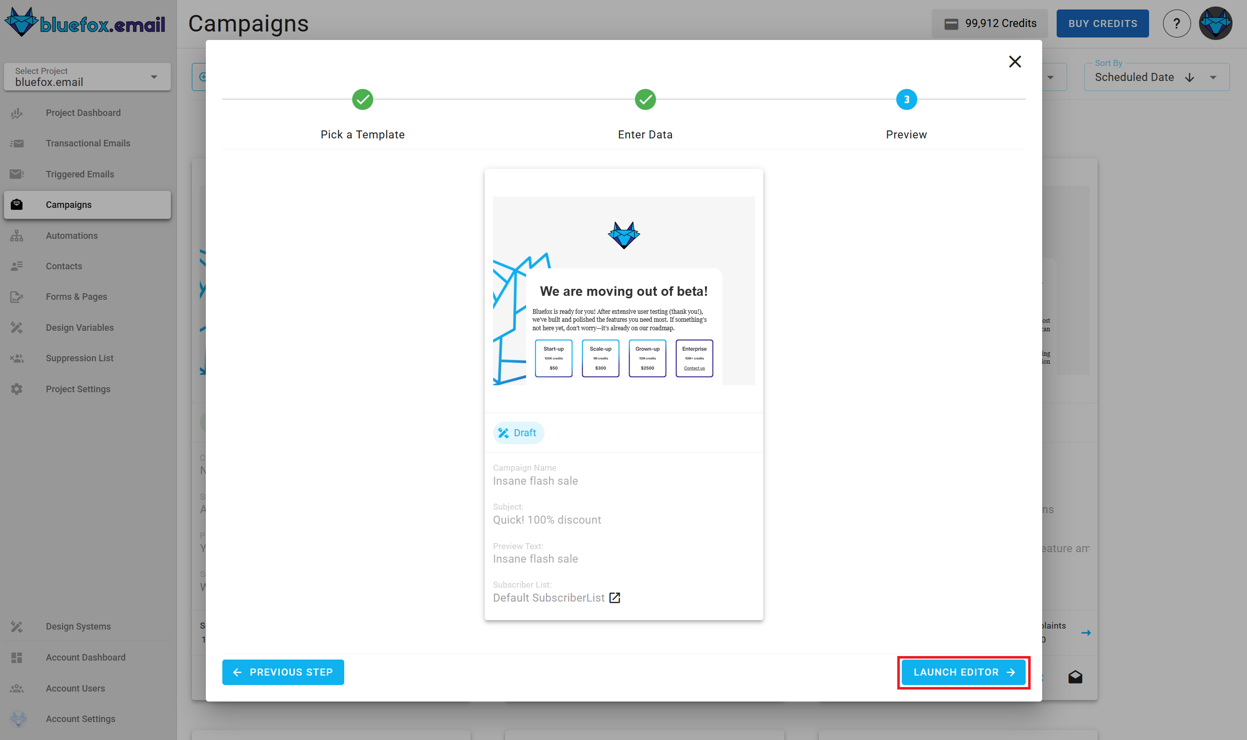 A screenshot of a project's triggered emails - create: summary.
