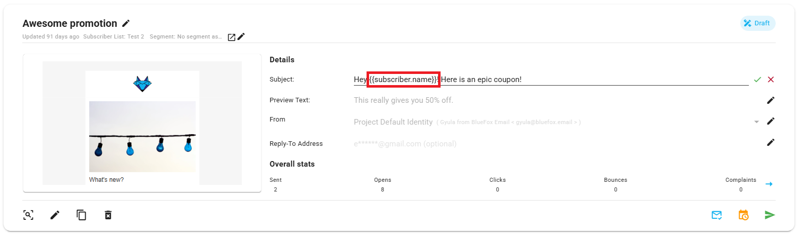 A screenshot of a campaign, with a merge tag being used in the subject and the preview text.