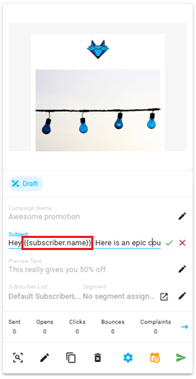 A screenshot of a campaign, with a merge tag being used in the subject and the preview text.