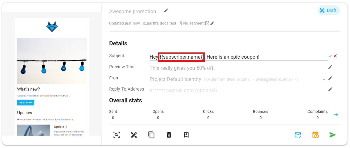 A screenshot of a campaign, with a merge tag being used in the subject and the preview text.