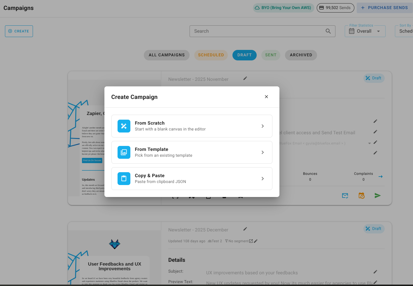 A screenshot of a project's Campaign emails - Copy and Past or Create from Scratch options .