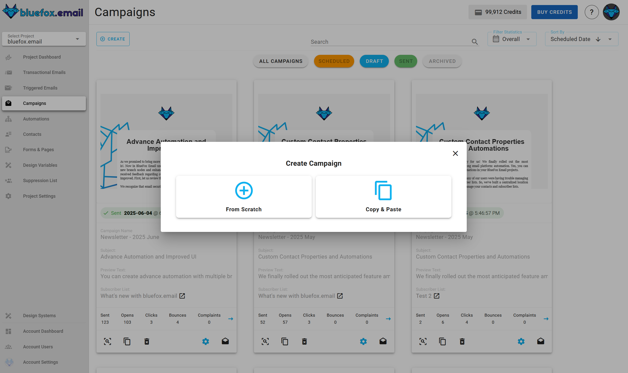 A screenshot of a project's Campaign emails - Copy and Past or Create from Scratch options .