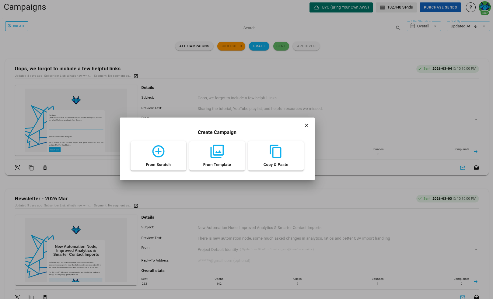 A screenshot of a project's Campaign emails - Copy and Past or Create from Scratch options .