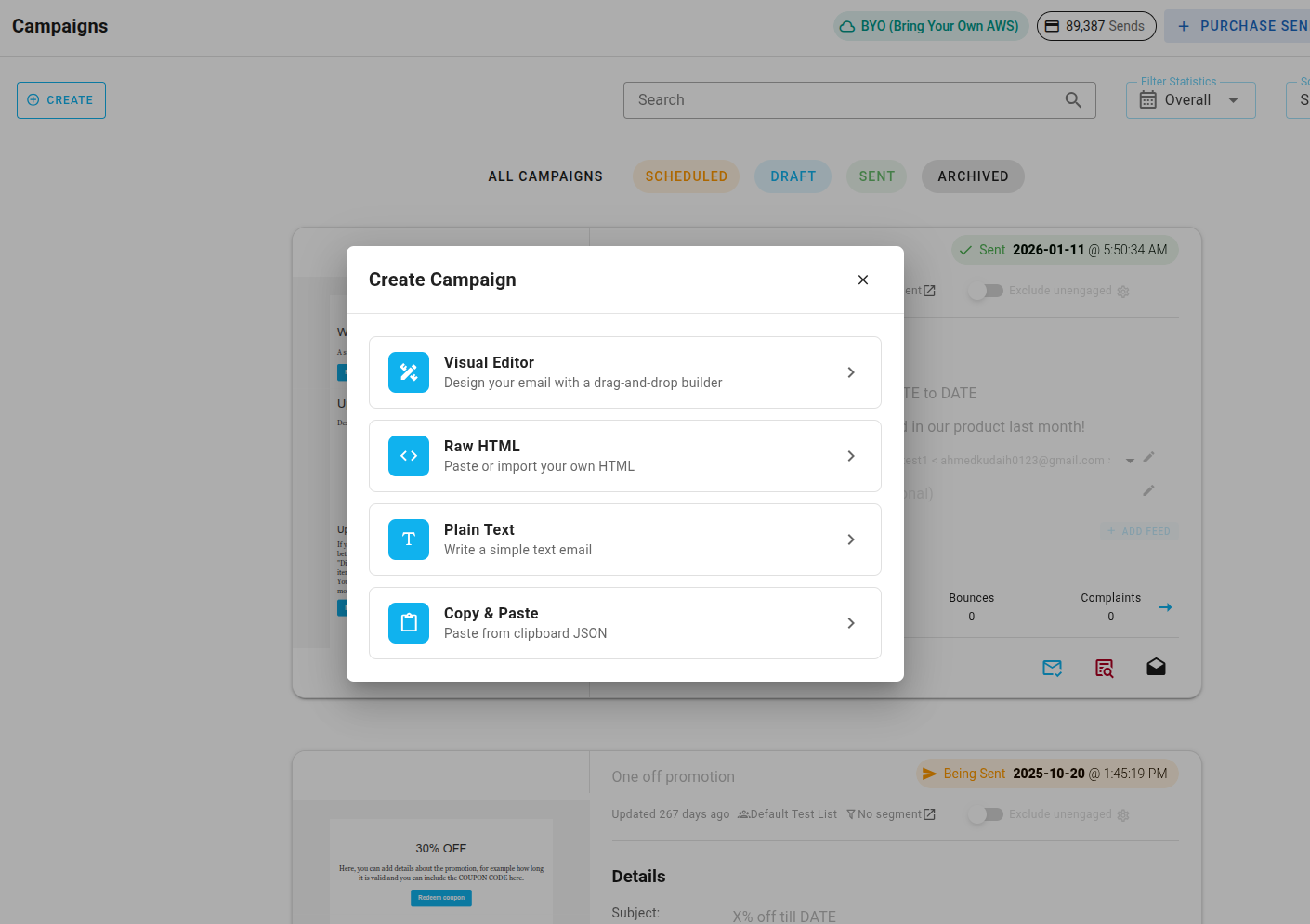 A screenshot of a project's Campaign emails - Copy and Past or Create from Scratch options .