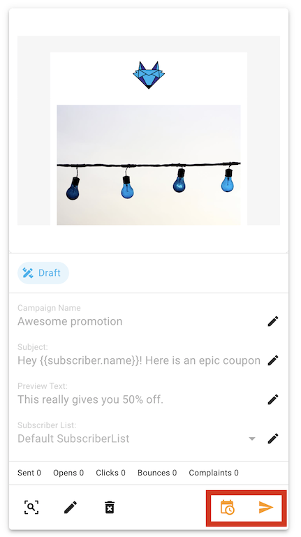 A screenshot of a campaign - schedule and send button highlighted.