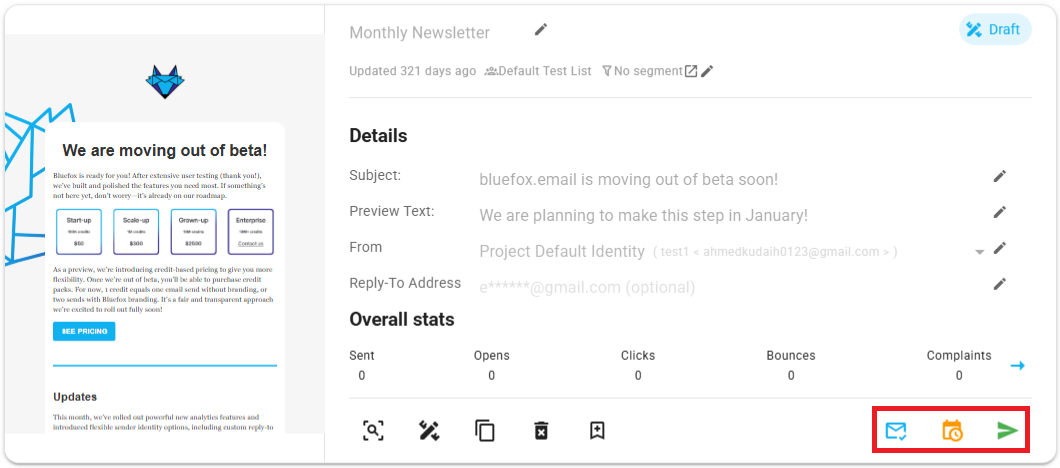 A screenshot of a campaign - schedule and send button highlighted.
