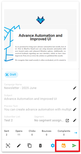 A screenshot of a campaign - schedule and send button highlighted.